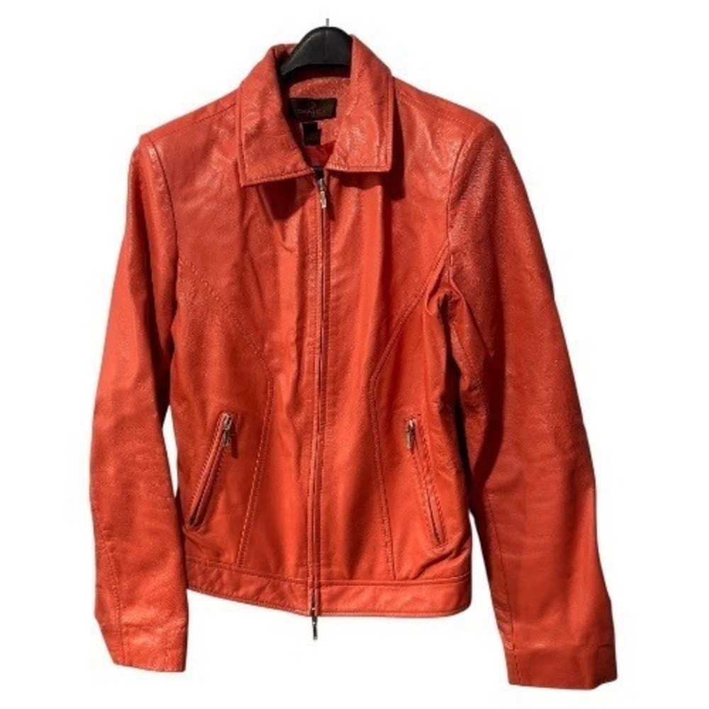Danier Leather Jacket Womens Small Coral Orange Full Zip Fitted Moto‎ Biker